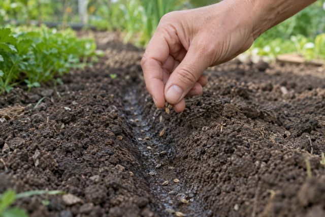 Sowing parsley seed along a shallow drill
