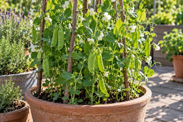 Dwarf mangetout peas in a large pot