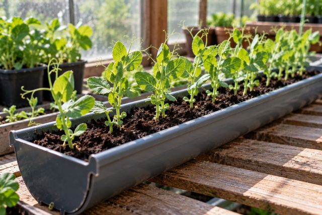 Pea seedlings in a length of guttering