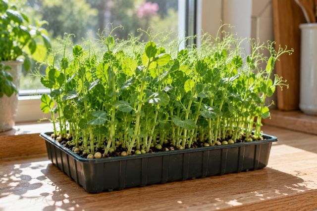 A tray of pea shoots on a windowsill