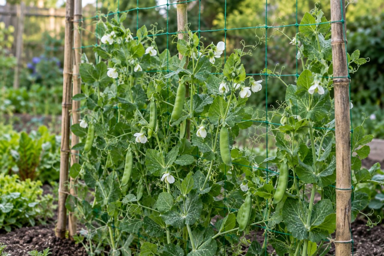 Pea plants climbing netting with white flowers and pods