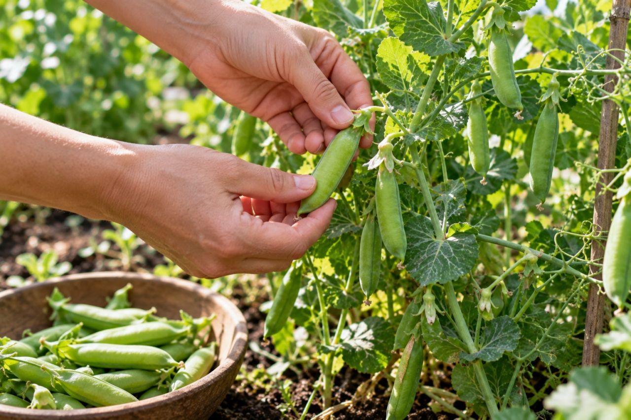 Picking plump pea pods with two hands