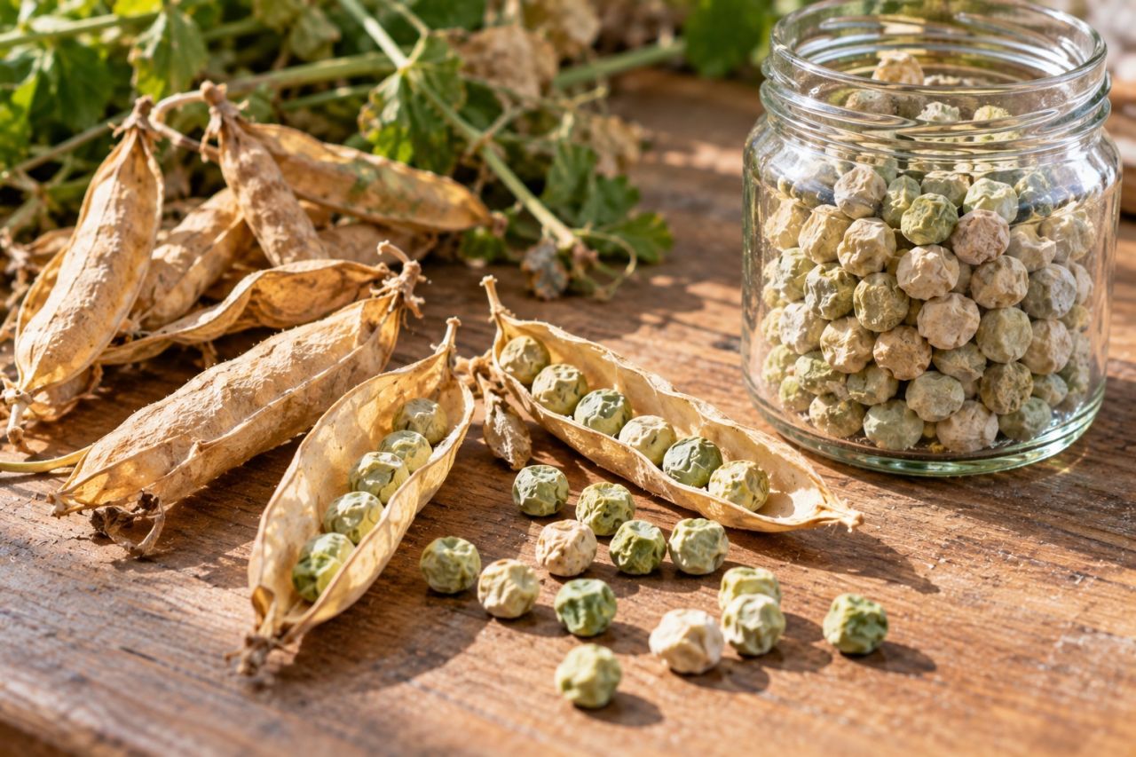 Dried pea pods and saved seed