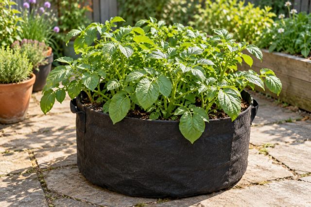 Potatoes growing in a fabric grow bag