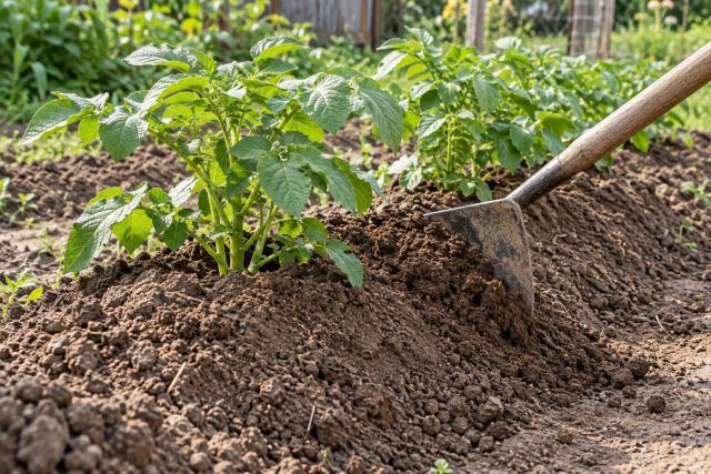 Earthing up potatoes with a hoe