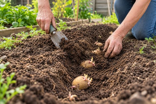 Covering seed potatoes in a trench