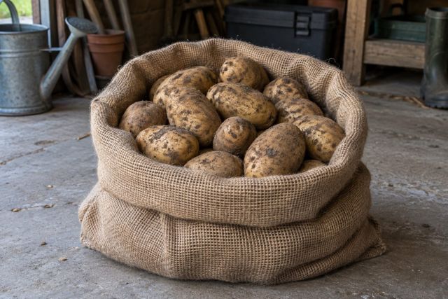 Potatoes stored in a hessian sack