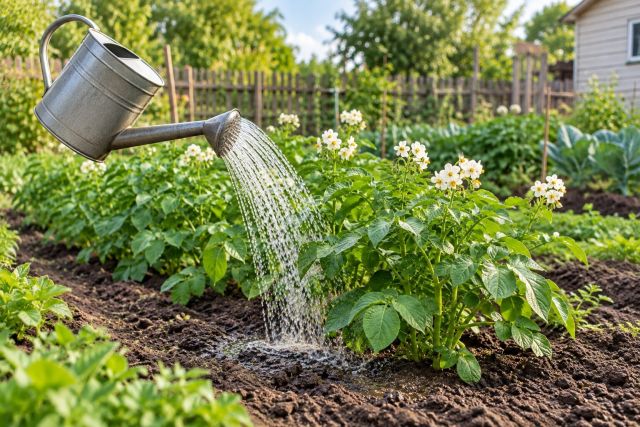 Watering a row of flowering potatoes