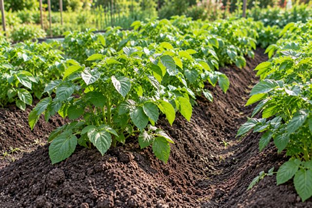 Earthed-up rows of potato plants