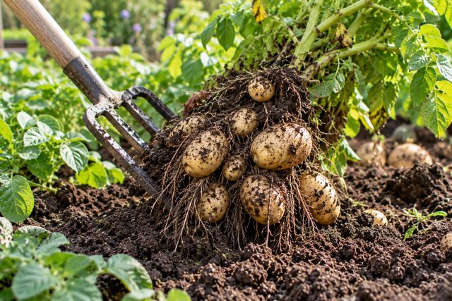Lifting potatoes with a garden fork