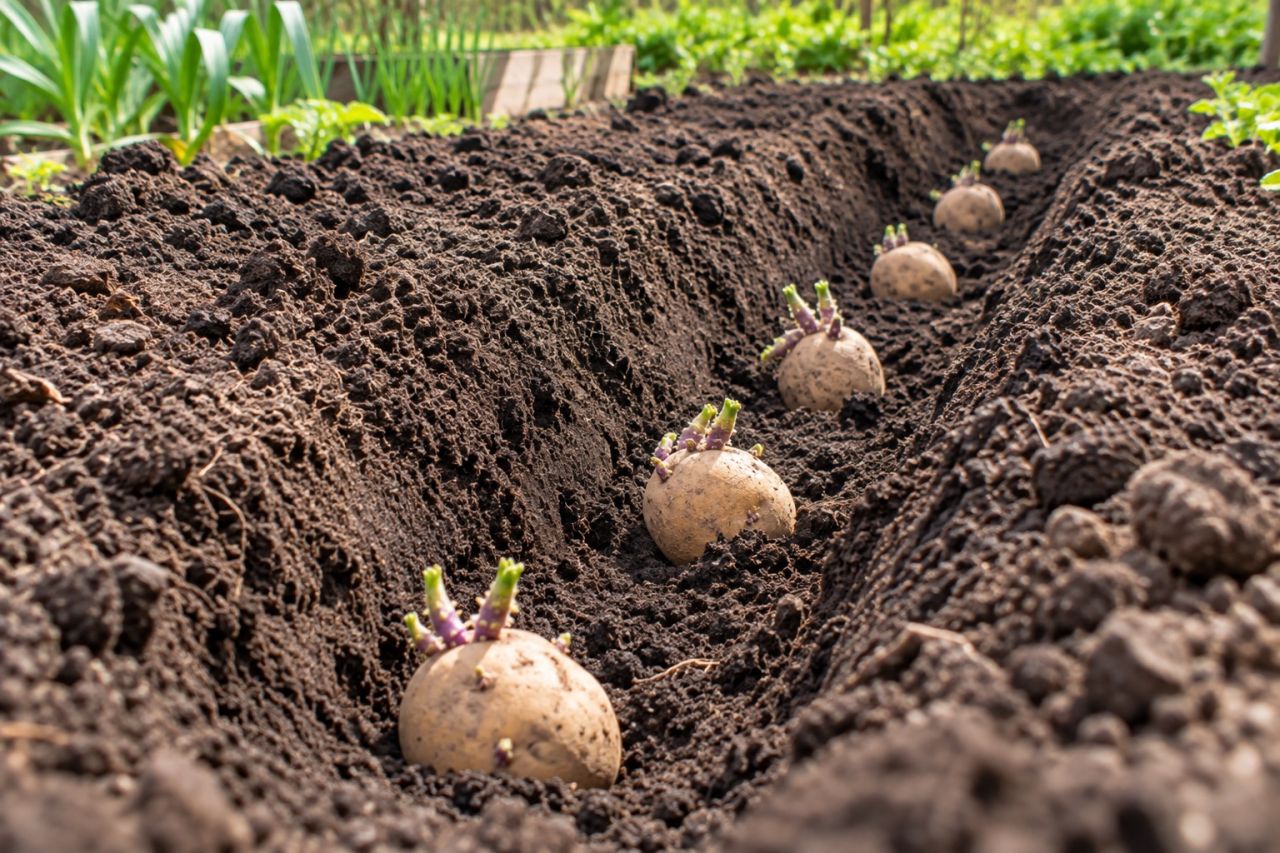 Chitted seed potatoes set in a trench