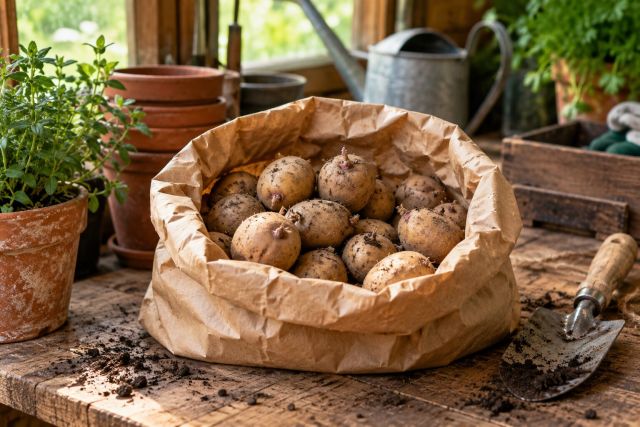 Certified seed potatoes in a paper bag