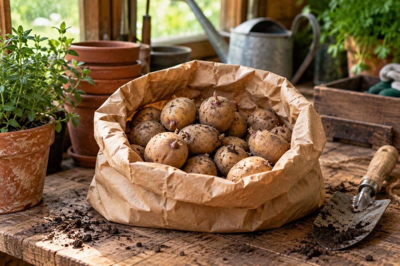 Certified seed potatoes in a paper bag