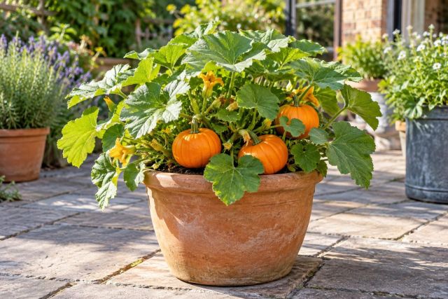 A compact pumpkin in a large pot