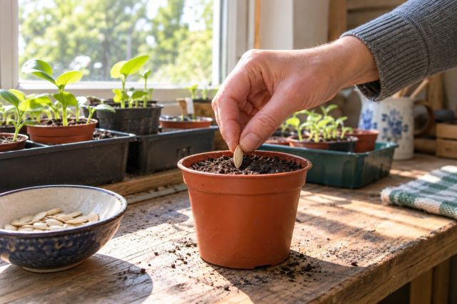 A pumpkin seed sown on its side in a pot
