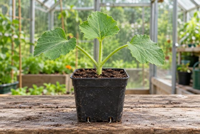 A pumpkin seedling ready to plant out
