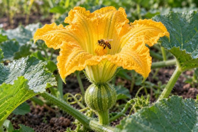 Female pumpkin flower with a tiny fruit behind it