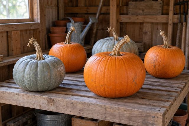 Cured pumpkins stored on a shelf