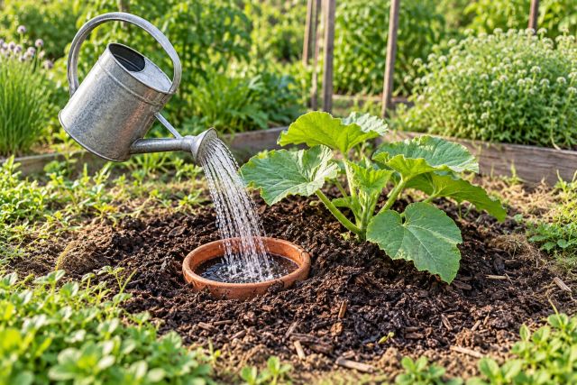 Watering into a pot sunk beside a pumpkin