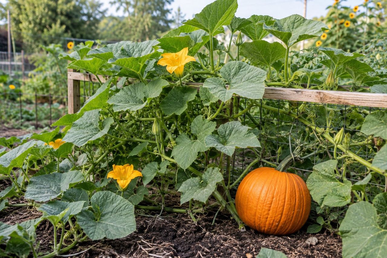 Pumpkins growing in a garden