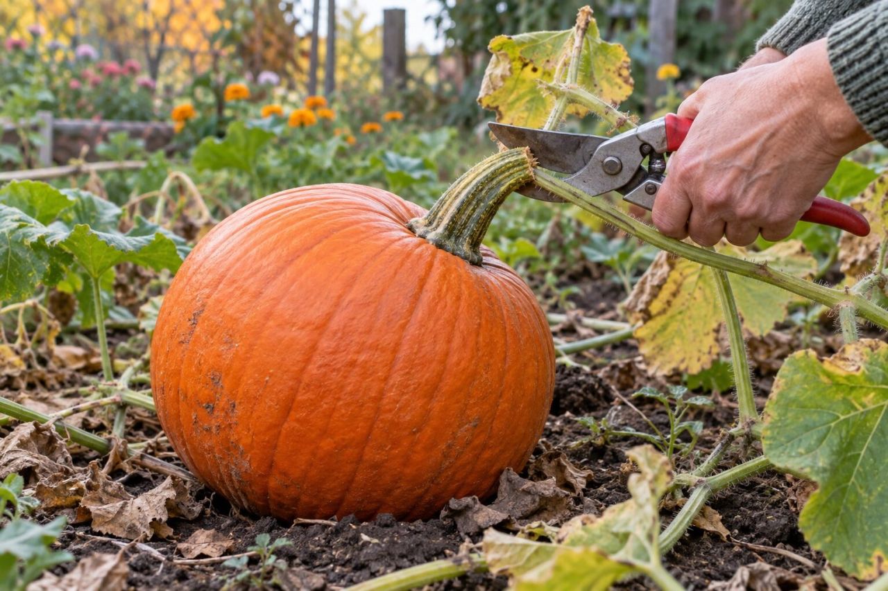 Cutting a ripe pumpkin with a long stem