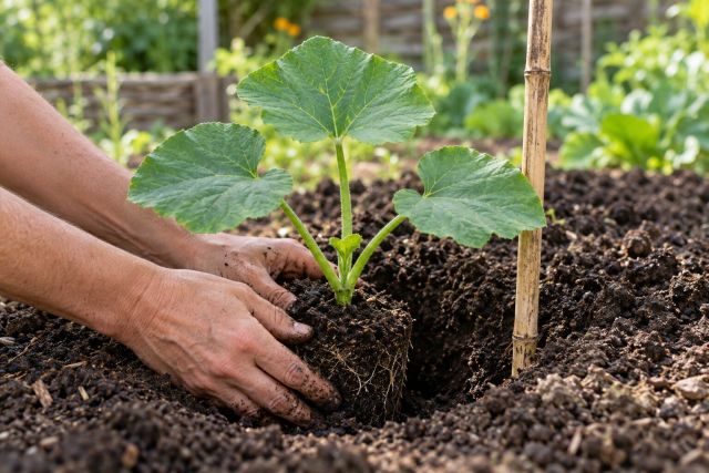 Planting a young pumpkin into a compost-filled pit