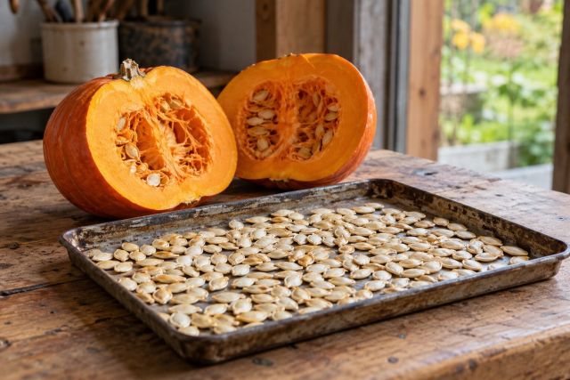 Pumpkin seeds drying on a tray