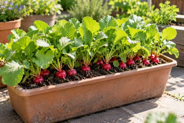 Radishes growing in a trough on a patio