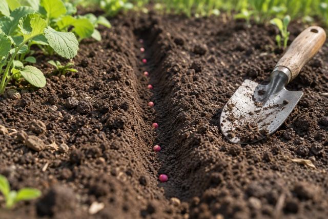Radish seeds spaced along a drill