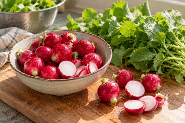 Trimmed radishes in a bowl of water