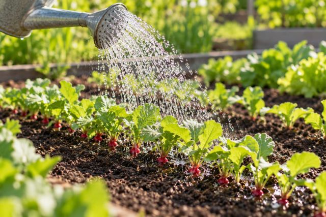 Watering a row of radishes with a fine rose
