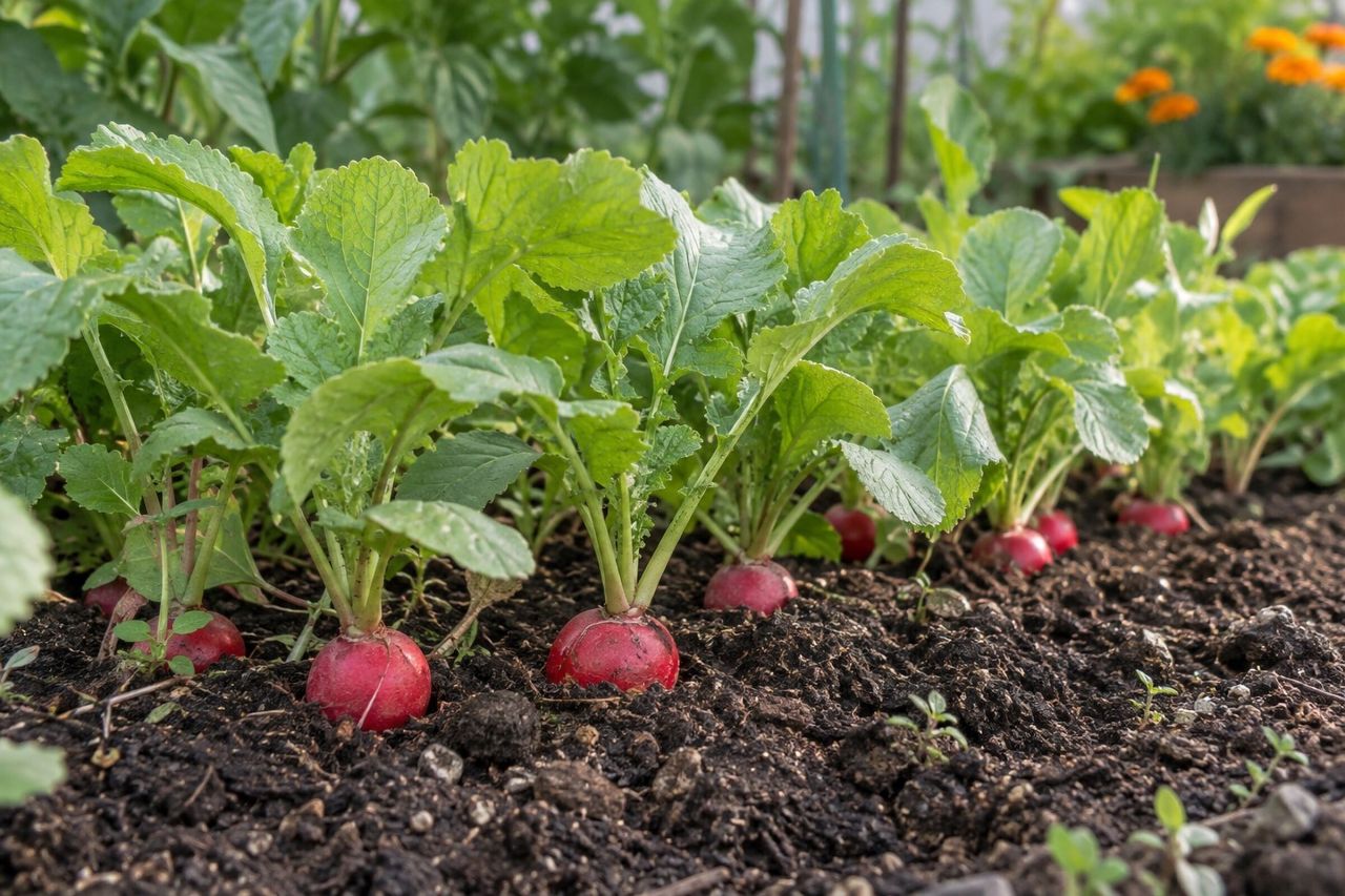 Radishes growing in a garden