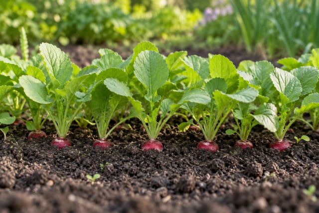 A row of healthy radish seedlings