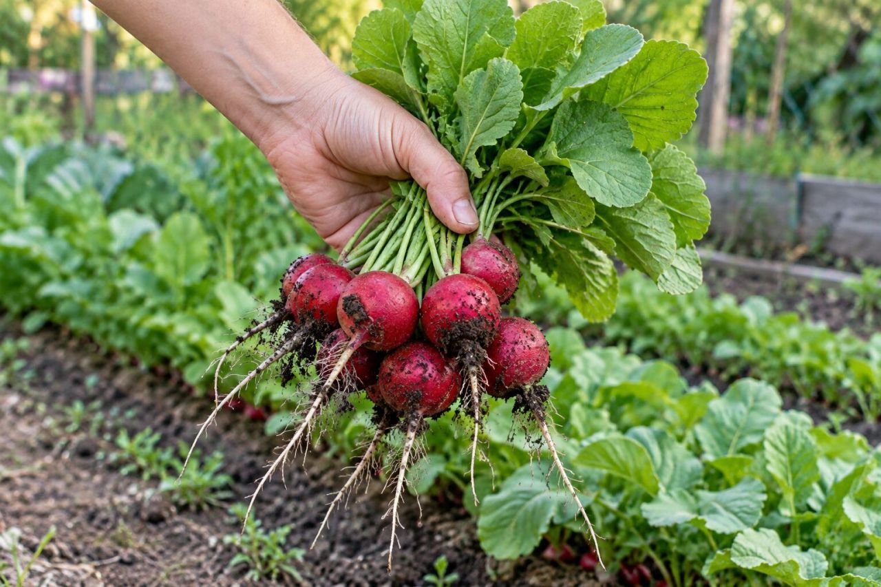 A bunch of freshly pulled red radishes