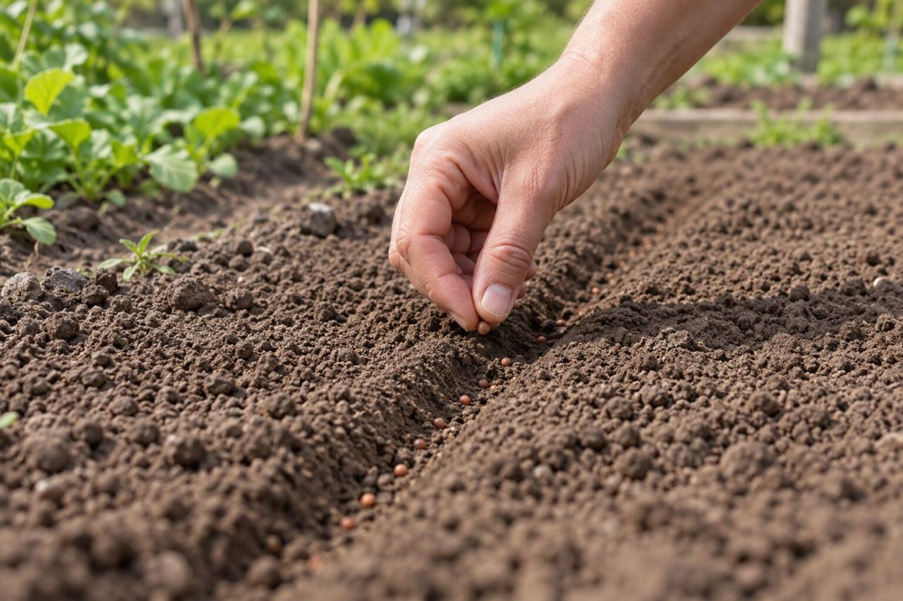 Sowing radish seed thinly along a shallow drill