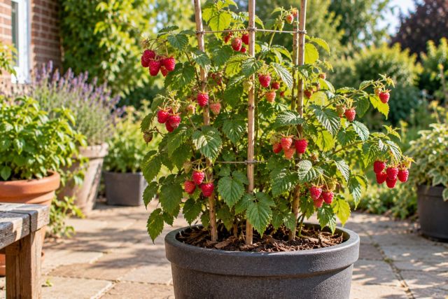 A compact raspberry in a large pot