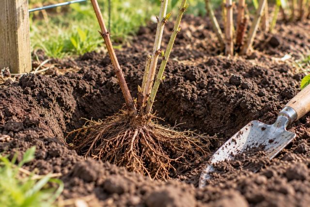 Setting a raspberry cane at the right depth