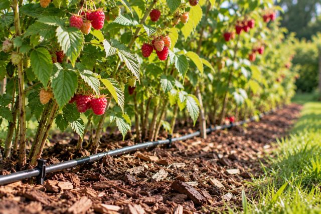 Drip line watering a raspberry row
