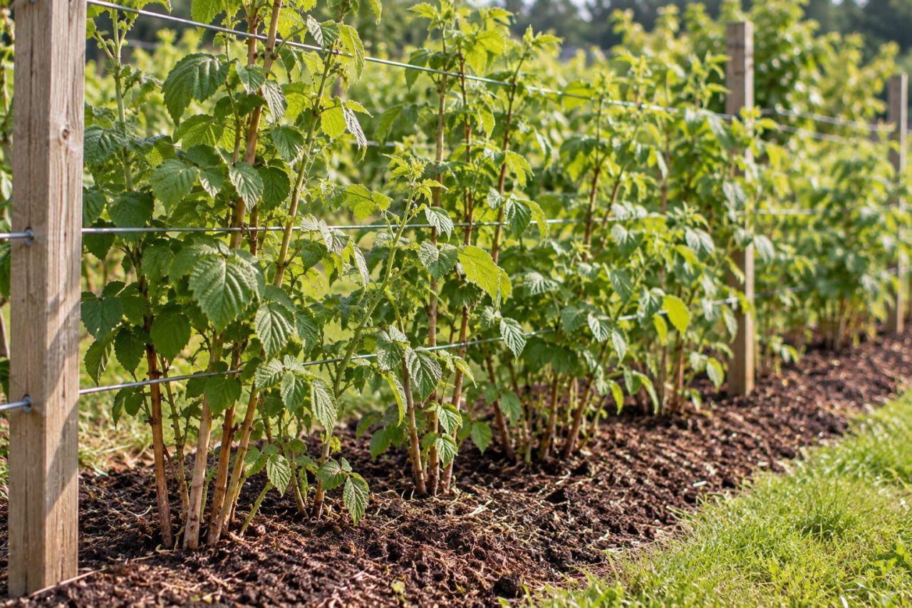 A row of raspberry canes tied to wires