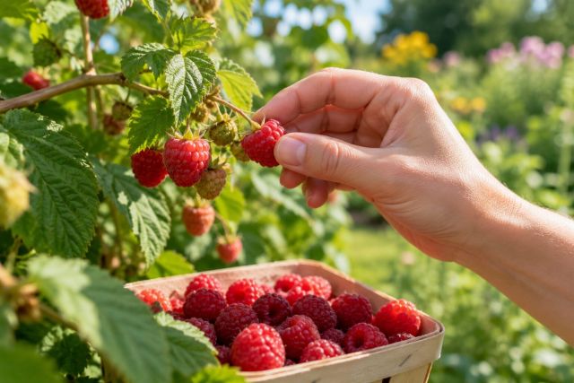 Picking ripe raspberries into a shallow punnet