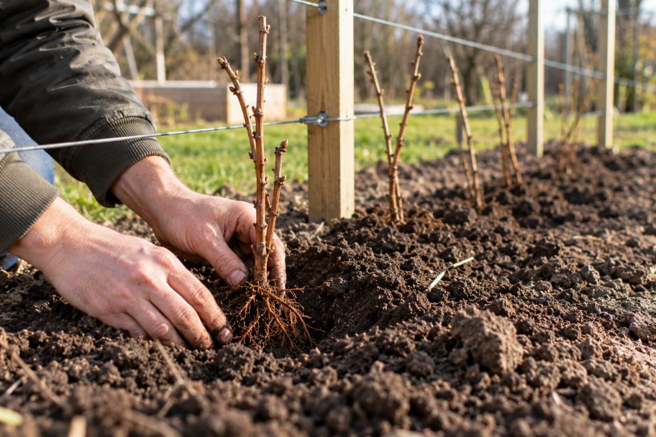 Planting a bare-root raspberry cane in a row