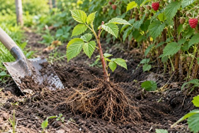 A raspberry sucker dug up with roots