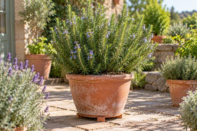 Rosemary in a terracotta pot on a patio