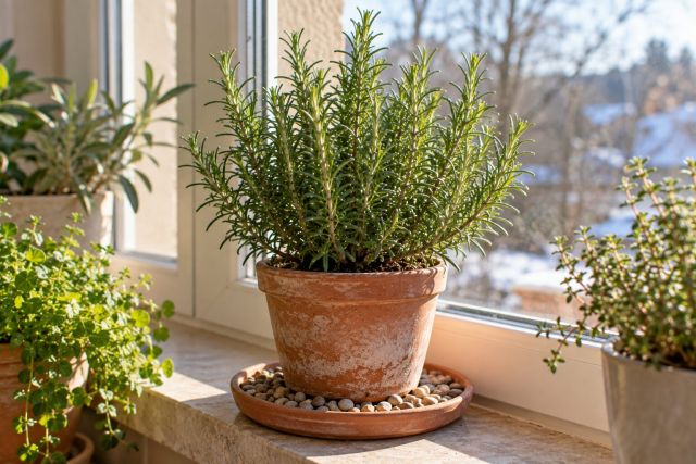 Potted rosemary on a bright, cool windowsill