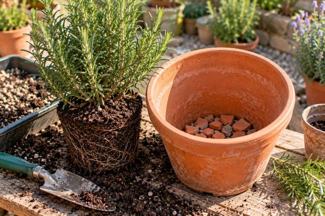 Potting rosemary on into a bigger pot