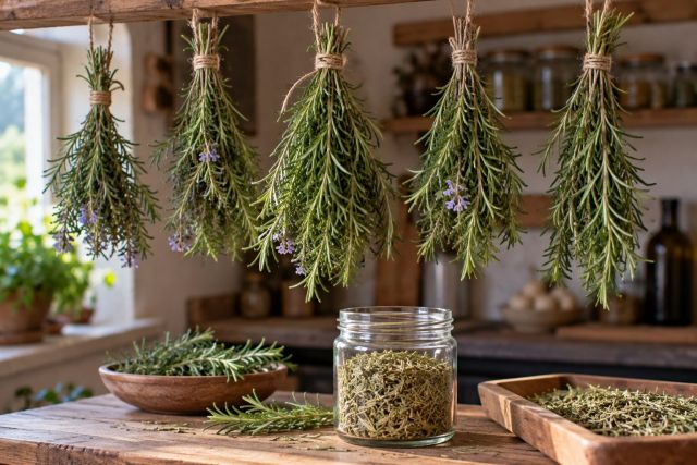 Bunches of rosemary hanging to dry