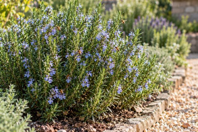 A bushy rosemary in flower beside a path