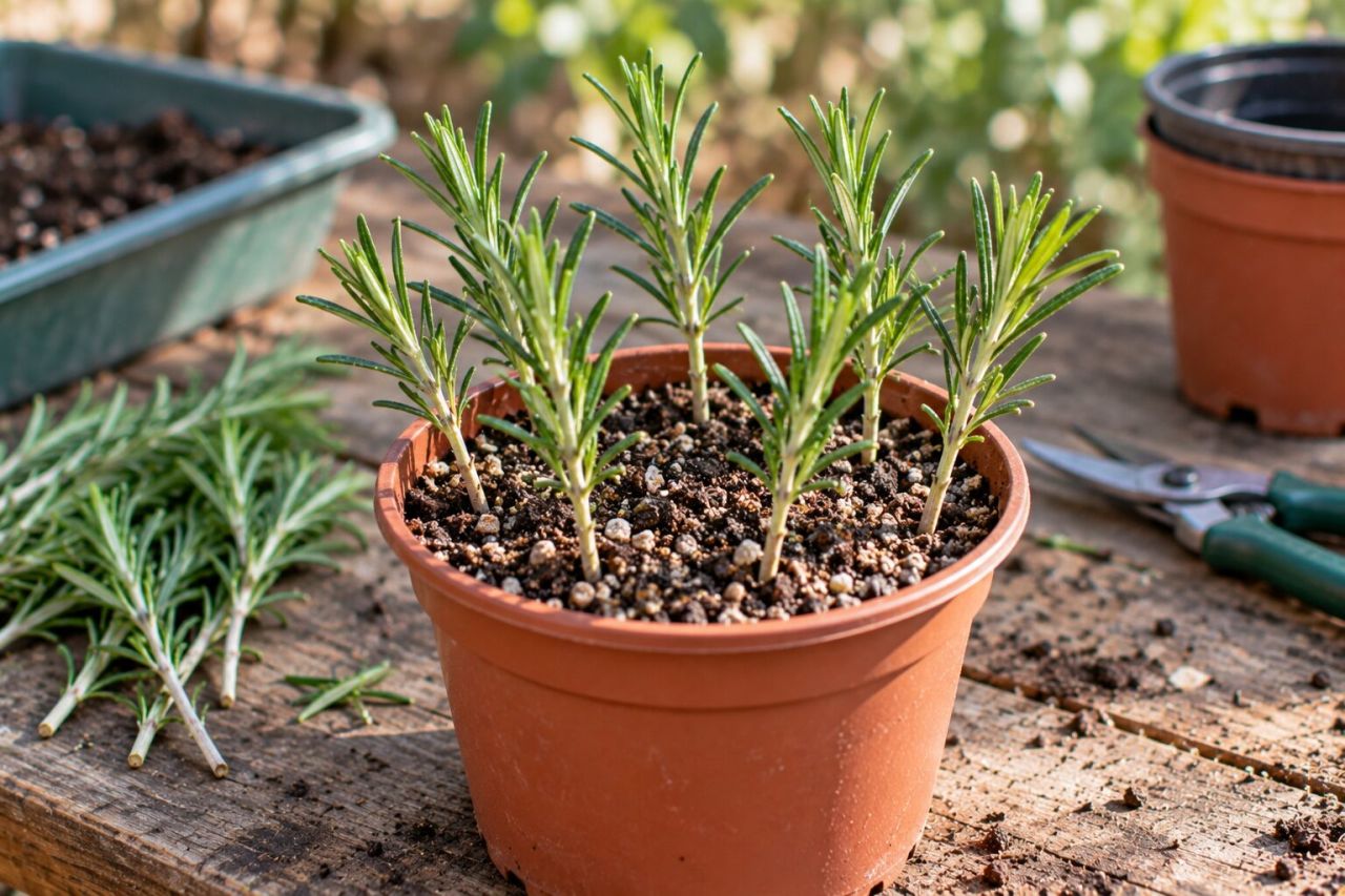 Rosemary cuttings in a pot of gritty compost