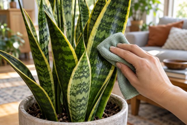 Wiping dust from a snake plant leaf