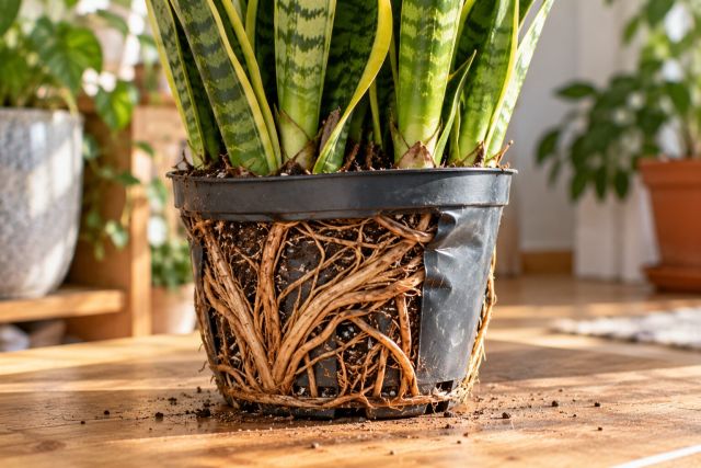 A snake plant bursting its pot